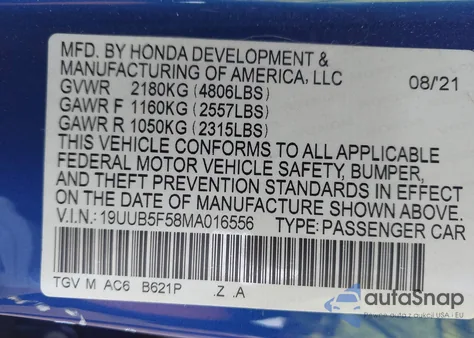 2021 Acura Tlx A-Spec Package из США, поврежденный, VIN 19UUB5F58MA016556